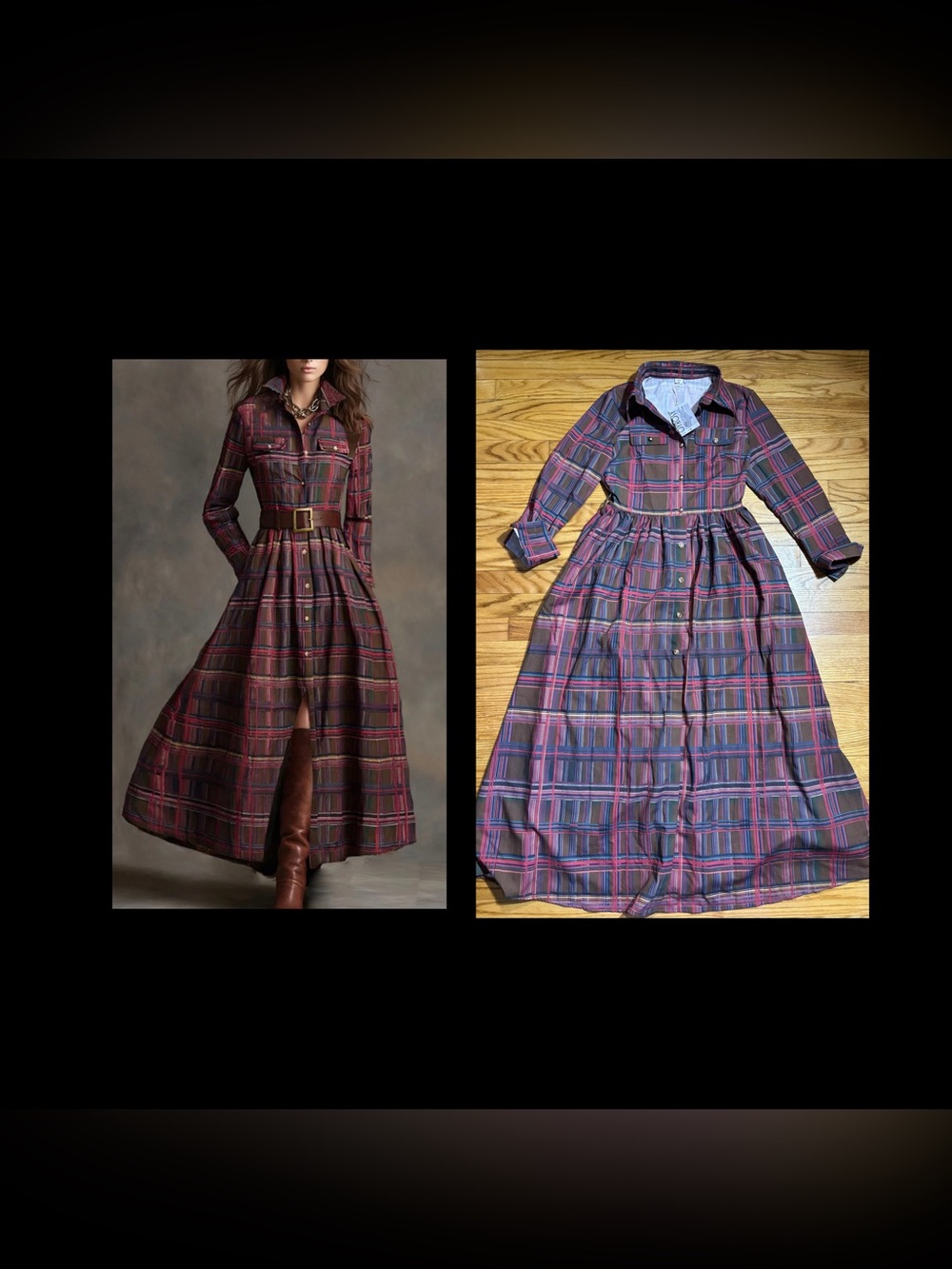 Oyrosy Retro Ethnic Style Lapel Reddish Brown Plaid Maxi Dress sz XS NEW!